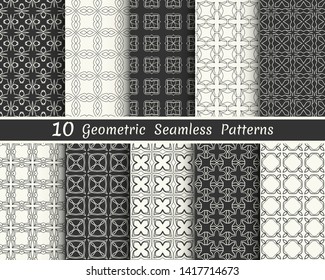 Set of seamless geometric patterns. Black and white line backgrounds collection. Endless repeating linear texture for wallpaper, packaging, banners, invitations, business cards, fabric print