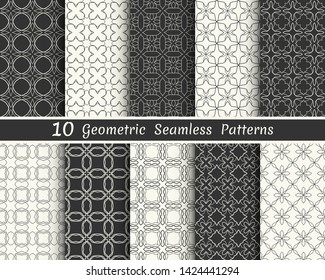Set of seamless geometric patterns. Black and white line backgrounds collection. Endless repeating linear texture for wallpaper, packaging, banners, invitations, business cards, fabric print