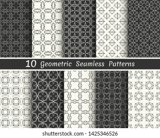 Set of seamless geometric patterns. Black and white line backgrounds collection. Endless repeating linear texture for wallpaper, packaging, banners, invitations, business cards, fabric print