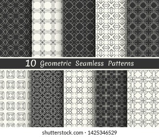 Set of seamless geometric patterns. Black and white line backgrounds collection. Endless repeating linear texture for wallpaper, packaging, banners, invitations, business cards, fabric print