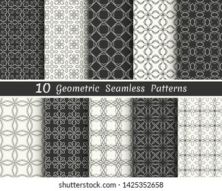 Set of seamless geometric patterns. Black and white line backgrounds collection. Endless repeating linear texture for wallpaper, packaging, banners, invitations, business cards, fabric print