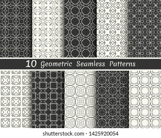 Set of seamless geometric patterns. Black and white line backgrounds collection. Endless repeating linear texture for wallpaper, packaging, banners, invitations, business cards, fabric print