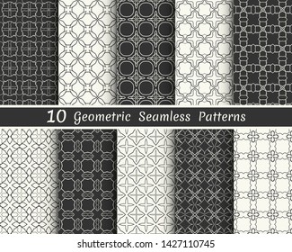 Set of seamless geometric patterns. Black and white line backgrounds collection. Endless repeating linear texture for wallpaper, packaging, banners, invitations, business cards, fabric print