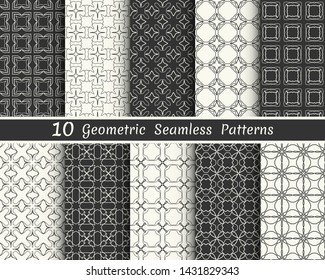 Set of seamless geometric patterns. Black and white line backgrounds collection. Endless repeating linear texture for wallpaper, packaging, banners, invitations, business cards, fabric print