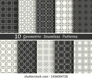 Set of seamless geometric patterns. Black and white line backgrounds collection. Endless repeating linear texture for wallpaper, packaging, banners, invitations, business cards, fabric print