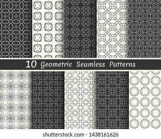 Set of seamless geometric patterns. Black and white line backgrounds collection. Endless repeating linear texture for wallpaper, packaging, banners, invitations, business cards, fabric print