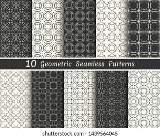 Set of seamless geometric patterns. Black and white line backgrounds collection. Endless repeating linear texture for wallpaper, packaging, banners, invitations, business cards, fabric print