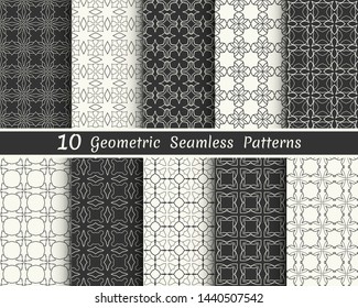 Set of seamless geometric patterns. Black and white line backgrounds collection. Endless repeating linear texture for wallpaper, packaging, banners, invitations, business cards, fabric print