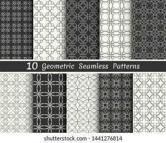 Set of seamless geometric patterns. Black and white line backgrounds collection. Endless repeating linear texture for wallpaper, packaging, banners, invitations, business cards, fabric print