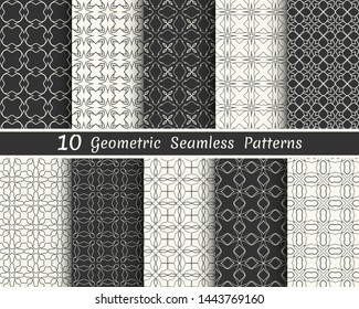 Set of seamless geometric patterns. Black and white line backgrounds collection. Endless repeating linear texture for wallpaper, packaging, banners, invitations, business cards, fabric print