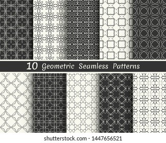 Set of seamless geometric patterns. Black and white line backgrounds collection. Endless repeating linear texture for wallpaper, packaging, banners, invitations, business cards, fabric print
