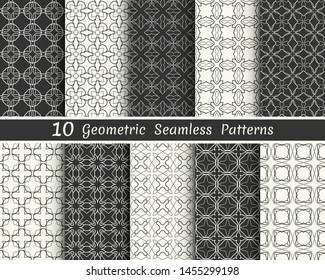 Set of seamless geometric patterns. Black and white line backgrounds collection. Endless repeating linear texture for wallpaper, packaging, banners, invitations, business cards, fabric print