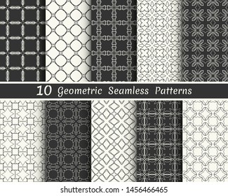 Set of seamless geometric patterns. Black and white line backgrounds collection. Endless repeating linear texture for wallpaper, packaging, banners, invitations, business cards, fabric print