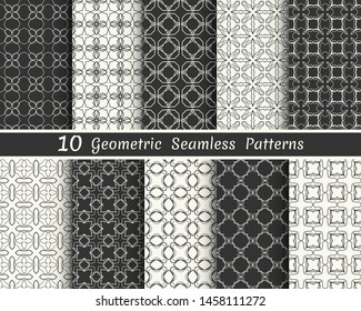 Set of seamless geometric patterns. Black and white line backgrounds collection. Endless repeating linear texture for wallpaper, packaging, banners, invitations, business cards, fabric print
