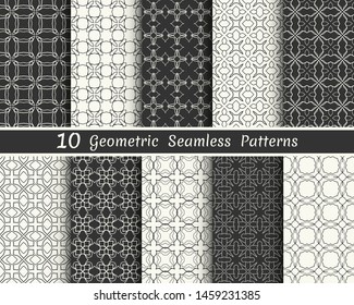 Set of seamless geometric patterns. Black and white line backgrounds collection. Endless repeating linear texture for wallpaper, packaging, banners, invitations, business cards, fabric print