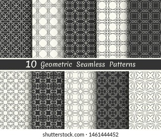 Set of seamless geometric patterns. Black and white line backgrounds collection. Endless repeating linear texture for wallpaper, packaging, banners, invitations, business cards, fabric print