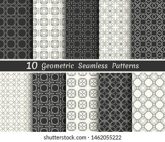 Set of seamless geometric patterns. Black and white line backgrounds collection.  