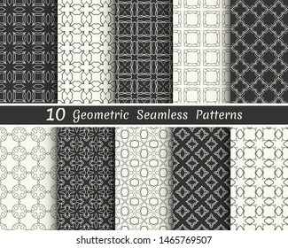 Set of seamless geometric patterns. Black and white line backgrounds collection. Endless repeating linear texture for wallpaper, packaging, banners, invitations, business cards, fabric print