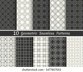 Set of seamless geometric patterns. Black and white line backgrounds collection. Endless repeating linear texture for wallpaper, packaging, banners, invitations, business cards, fabric print