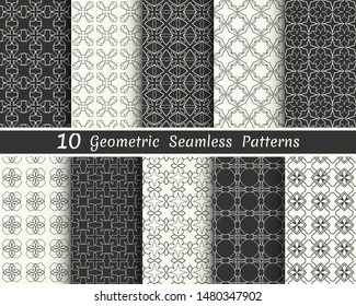 Set of seamless geometric patterns. Black and white line backgrounds collection. Endless repeating linear texture for wallpaper, packaging, banners, invitations, business cards, fabric print