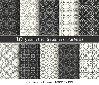 Set of seamless geometric patterns. Black and white line backgrounds collection. Endless repeating linear texture for wallpaper, packaging, banners, invitations, business cards, fabric print