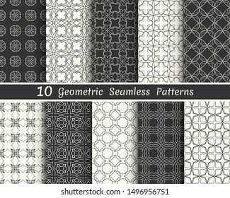 Set of seamless geometric patterns. Black and white line backgrounds collection. Endless repeating linear texture for wallpaper, packaging, banners, invitations, business cards, fabric print