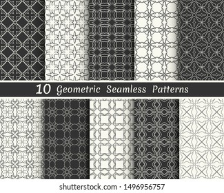 Set of seamless geometric patterns. Black and white line backgrounds collection. Endless repeating linear texture for wallpaper, packaging, banners, invitations, business cards, fabric print