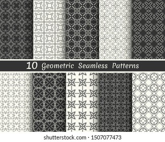 Set of seamless geometric patterns. Black and white line backgrounds collection. Endless repeating linear texture for wallpaper, packaging, banners, invitations, business cards, fabric print