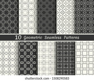 Set of seamless geometric patterns. Black and white line backgrounds collection. Endless repeating linear texture for wallpaper, packaging, banners, invitations, business cards, fabric print