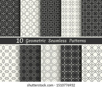 Set of seamless geometric patterns. Black and white line backgrounds collection. Endless repeating linear texture for wallpaper, packaging, banners, invitations, business cards, fabric print
