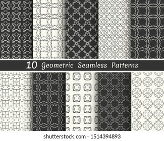 Set of seamless geometric patterns. Black and white line backgrounds collection. Endless repeating linear texture for wallpaper, packaging, banners, invitations, business cards, fabric print