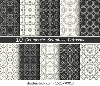 Set of seamless geometric patterns. Black and white line backgrounds collection. Endless repeating linear texture for wallpaper, packaging, banners, invitations, business cards, fabric print