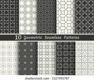Set of seamless geometric patterns. Black and white line backgrounds collection. Endless repeating linear texture for wallpaper, packaging, banners, invitations, business cards, fabric print
