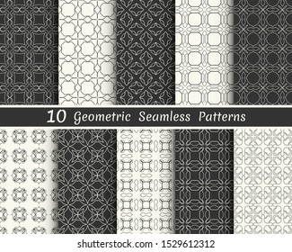 Set of seamless geometric patterns. Black and white line backgrounds collection. Endless repeating linear texture for wallpaper, packaging, banners, invitations, business cards, fabric print