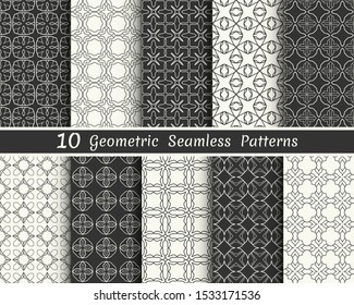 Set of seamless geometric patterns. Black and white line backgrounds collection. Endless repeating linear texture for wallpaper, packaging, banners, invitations, business cards, fabric print