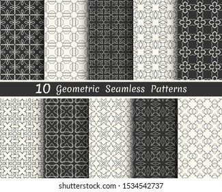 Set of seamless geometric patterns. Black and white line backgrounds collection. Endless repeating linear texture  