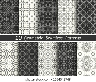 Set of seamless geometric patterns. Black and white line backgrounds collection. Endless repeating linear texture 