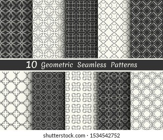 Set of seamless geometric patterns. Black and white line backgrounds collection. Endless repeating linear texture  