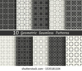 Set of seamless geometric patterns. Black and white line backgrounds collection. Endless repeating linear texture for wallpaper, packaging, banners, invitations, business cards, fabric print