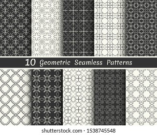 Set of seamless geometric patterns. Black and white line backgrounds collection. Endless repeating linear texture for wallpaper, packaging, banners, invitations, business cards, fabric print