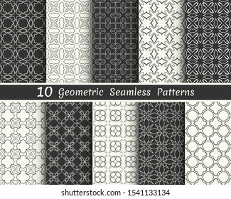 Set of seamless geometric patterns. Black and white line backgrounds collection. Endless repeating linear texture for wallpaper, packaging, banners, invitations, business cards, fabric print