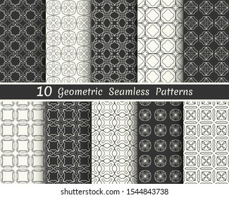 Set of seamless geometric patterns. Black and white line backgrounds collection. Endless repeating linear texture for wallpaper, packaging, banners, invitations, business cards, fabric print