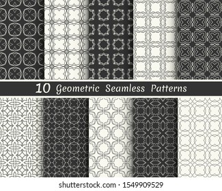 Set of seamless geometric patterns. Black and white line backgrounds collection. Endless repeating linear texture for wallpaper, packaging, banners, invitations, business cards, fabric print