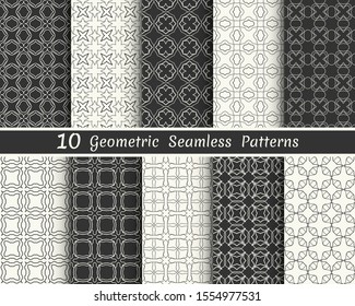Set of seamless geometric patterns. Black and white line backgrounds collection. Endless repeating linear texture for wallpaper, packaging, banners, invitations, business cards, fabric print