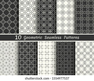 Set of seamless geometric patterns. Black and white line backgrounds collection. Endless repeating linear texture for wallpaper, packaging, banners, invitations, business cards, fabric print