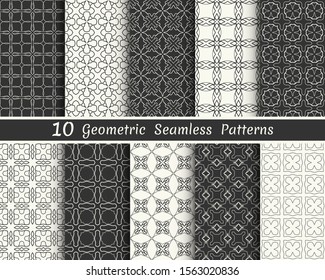 Set of seamless geometric patterns. Black and white line backgrounds collection. Endless repeating linear texture for wallpaper, packaging, banners, invitations, business cards, fabric print