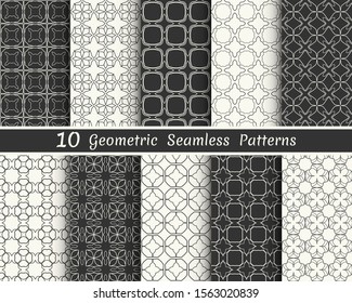Set of seamless geometric patterns. Black and white line backgrounds collection. Endless repeating linear texture for wallpaper, packaging, banners, invitations, business cards, fabric print