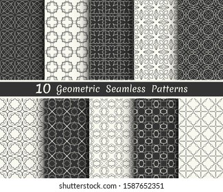 Set of seamless geometric patterns. Black and white line backgrounds collection. Endless repeating linear texture for wallpaper, packaging, banners, invitations, business cards, fabric print