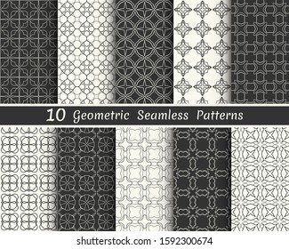Set of seamless geometric patterns. Black and white line backgrounds collection. Endless repeating linear texture for wallpaper, packaging, banners, invitations, business cards, fabric print