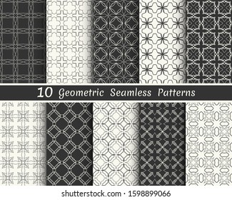 Set of seamless geometric patterns. Black and white line backgrounds collection. Endless repeating linear texture for wallpaper, packaging, banners, invitations, business cards, fabric print